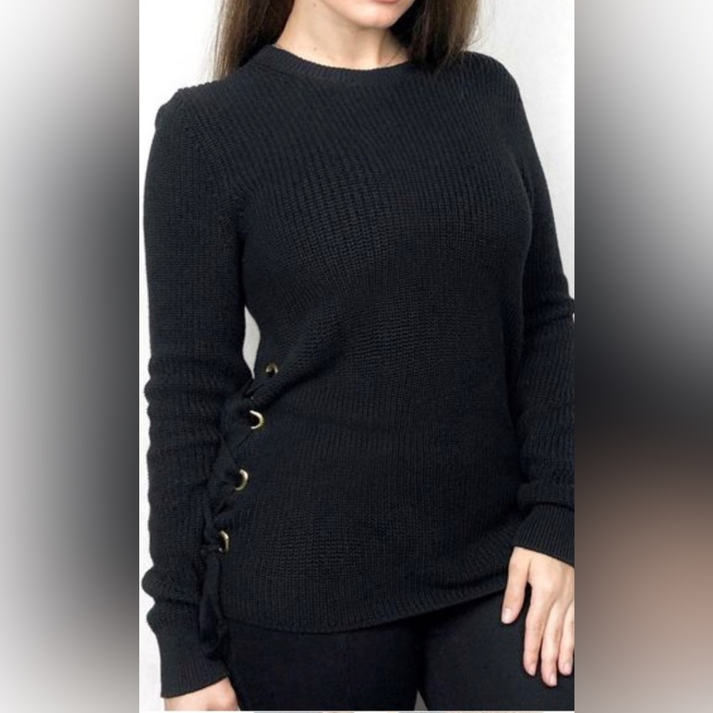 Micheal Kors lace up side ribbed navy blue sweater with gold accents